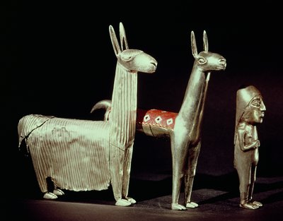Llama, alpaca and woman, from Lake Titicaca, Bolivia, c.1475-1532 by Incan